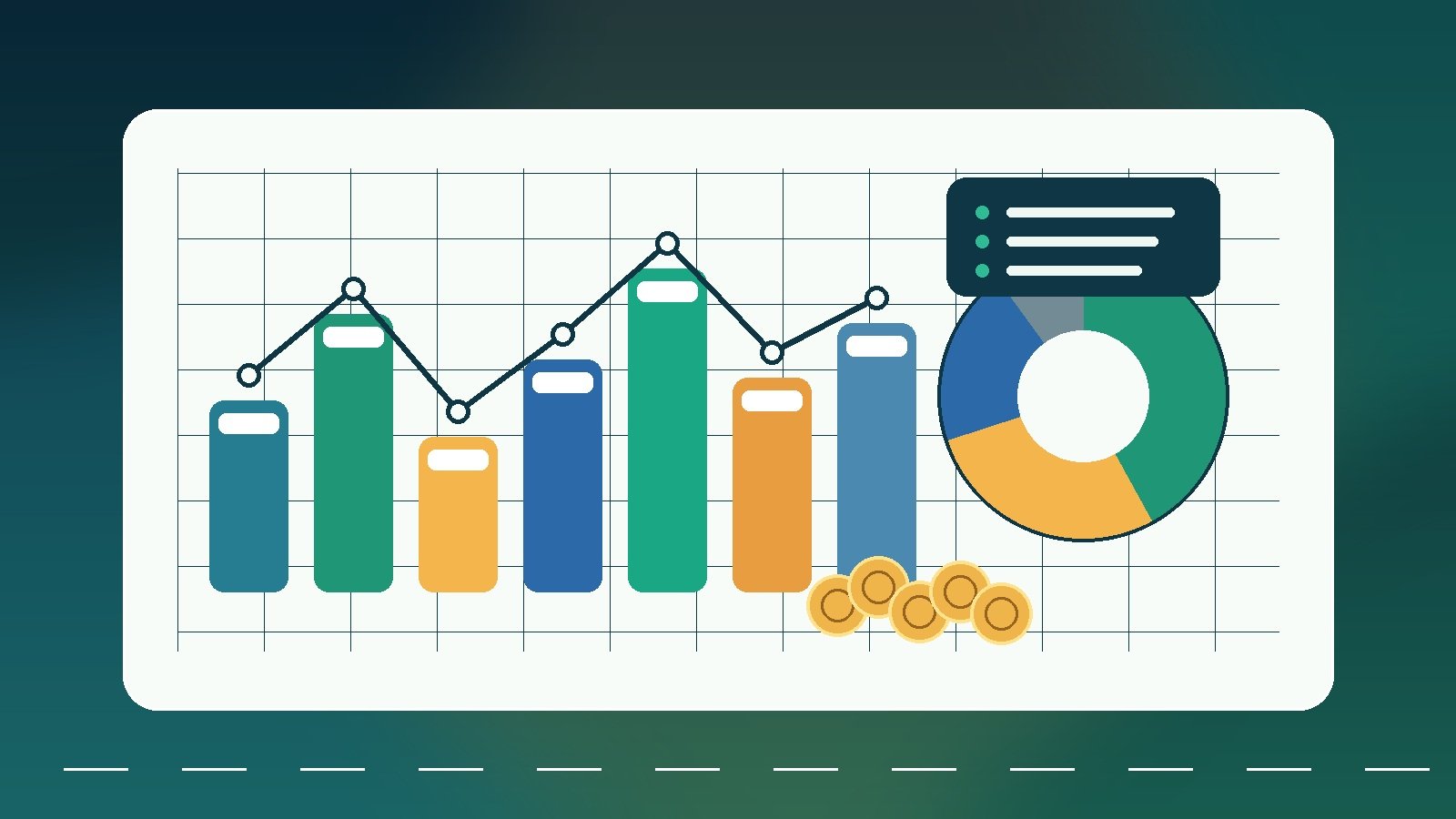 Ilustração editorial de planejamento financeiro, gráfico de carteira e alocação de investimentos