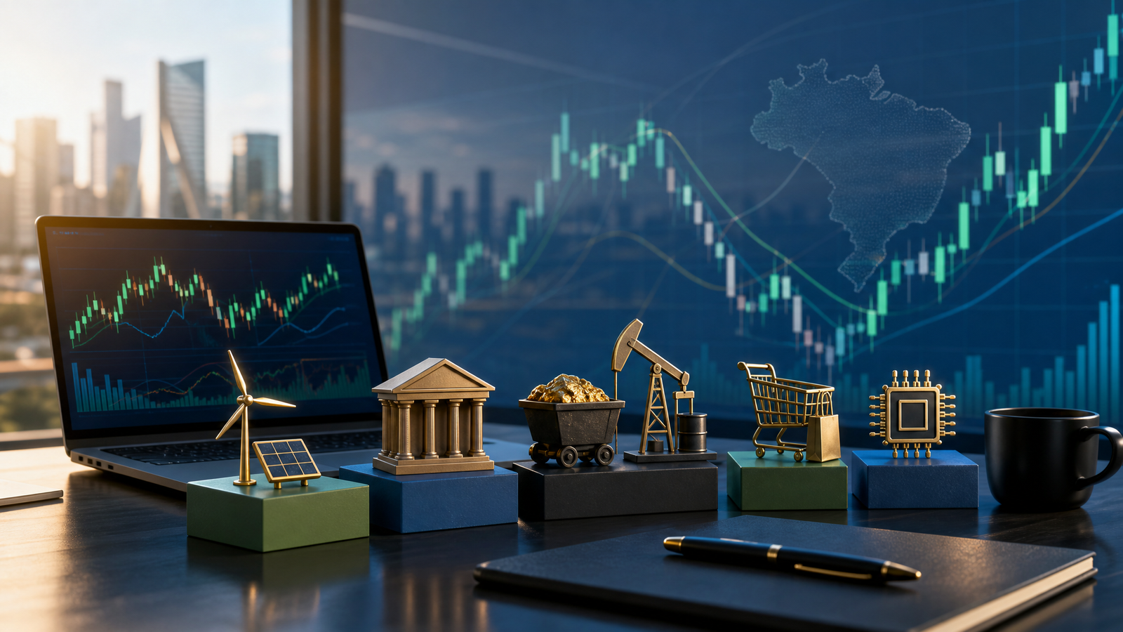 Ilustracao editorial sobre Ibovespa, acoes brasileiras, carteira diversificada e controle de risco