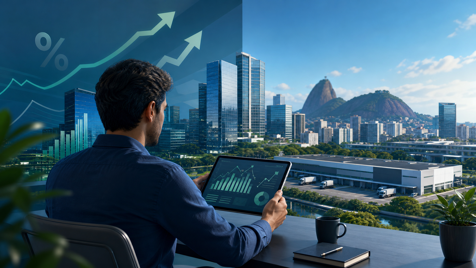 Ilustracao editorial sobre fundos imobiliarios, Selic alta, imoveis comerciais e renda passiva