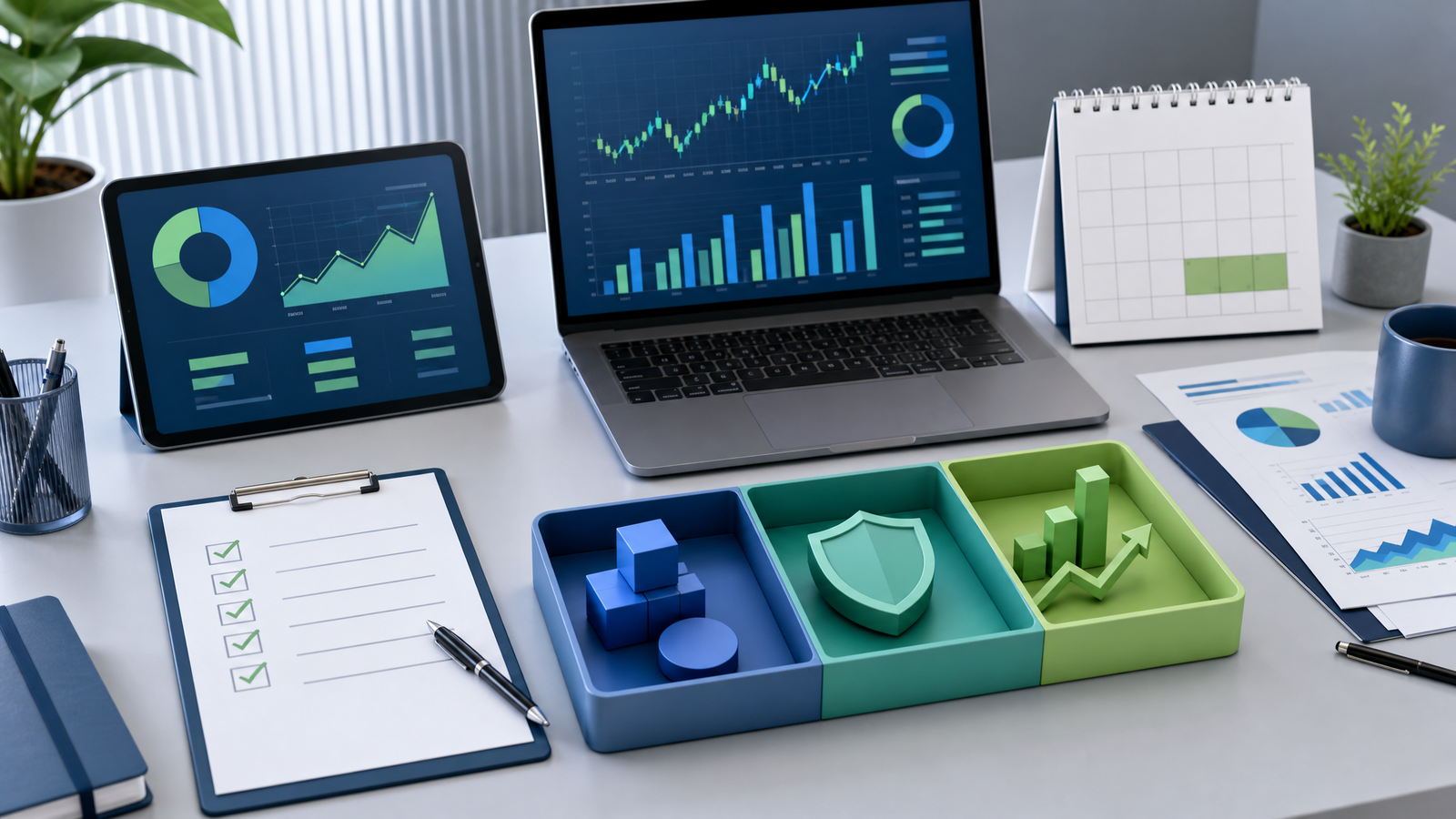 Ilustracao editorial sobre checklist de rebalanceamento de carteira, graficos financeiros e planejamento de investimentos