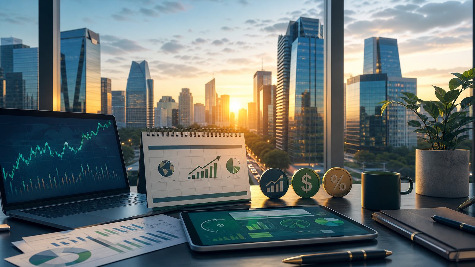 Ilustracao editorial de abertura de semana com calendario economico, graficos e simbolos de mercado