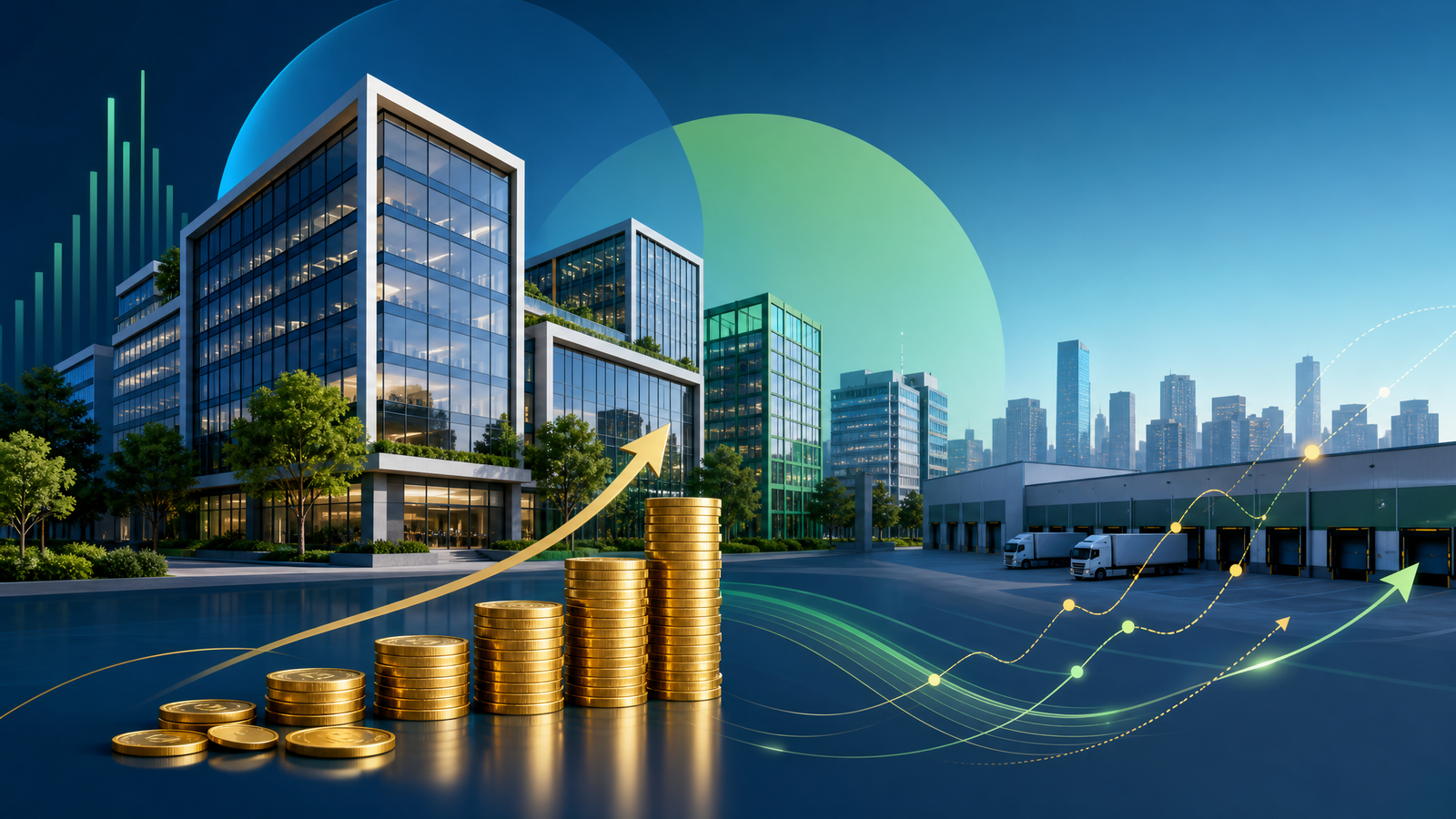 Ilustracao editorial sobre fundos imobiliarios, edificios comerciais, galpoes logisticos, moedas e graficos de dividendos