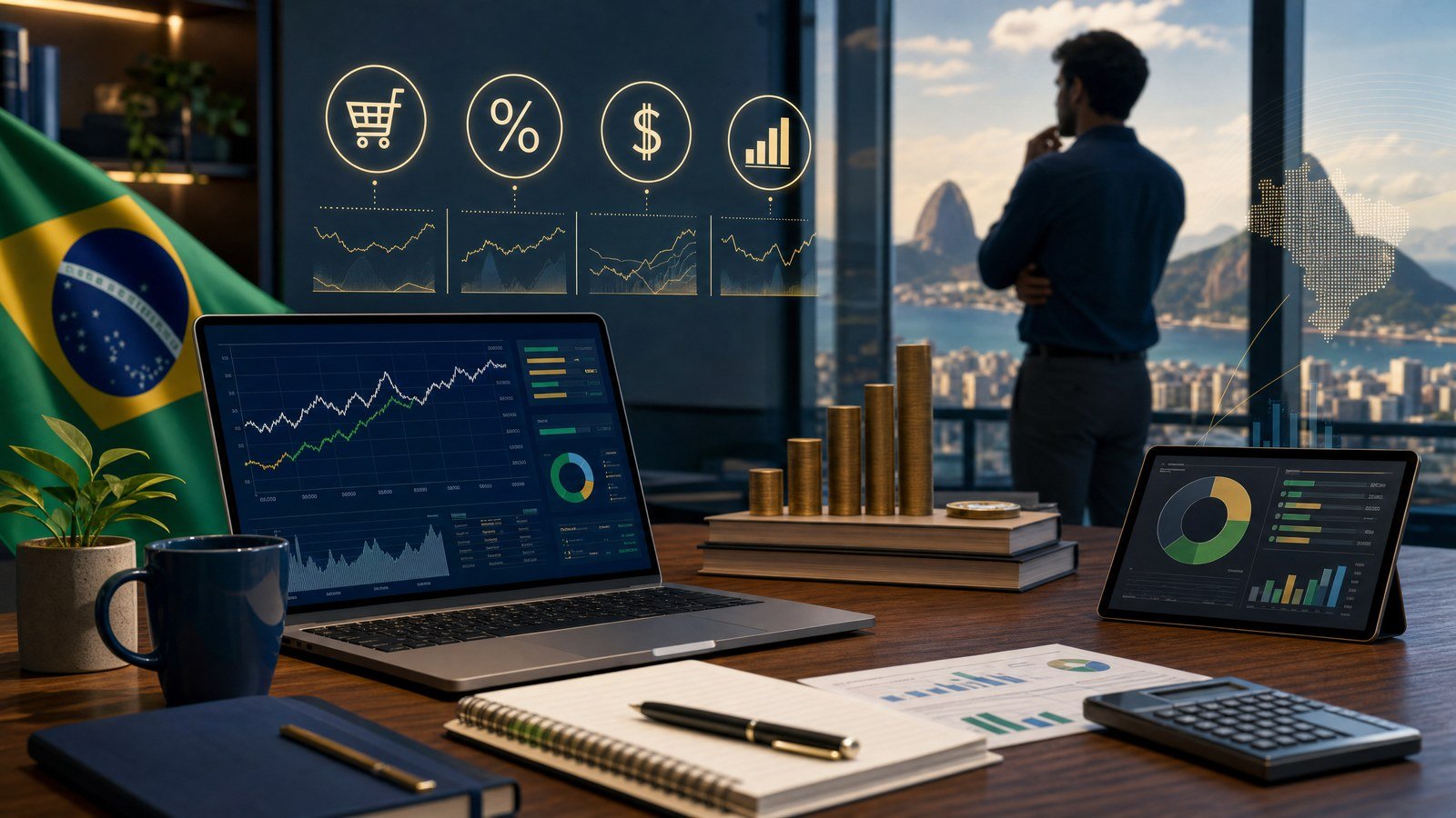 Investidor analisa inflação, Selic, câmbio e crescimento econômico no Brasil após o Boletim Focus de 2026.