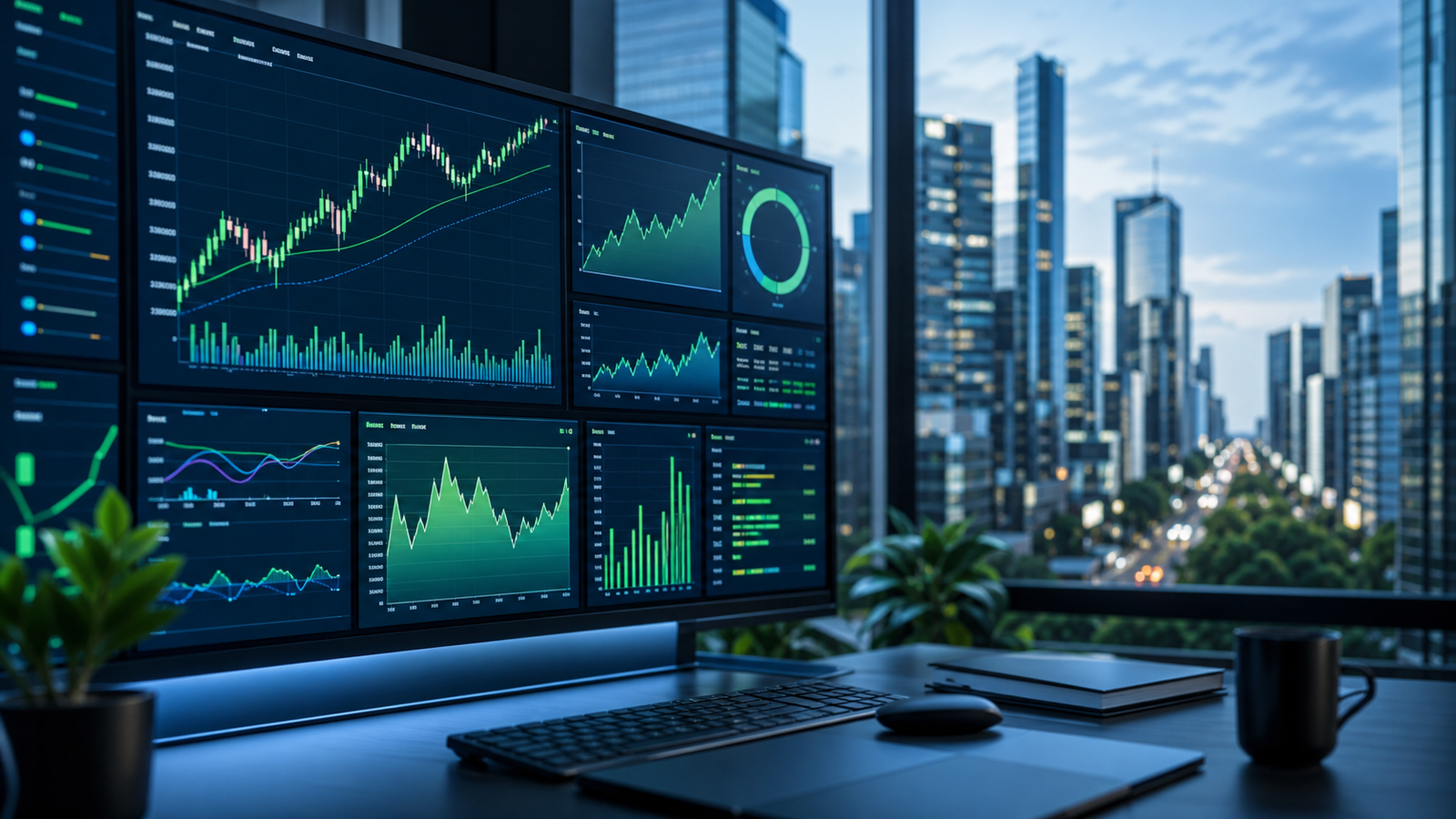 Painel de trading com gráficos representando Ibovespa e decisões de juros na Super Quarta