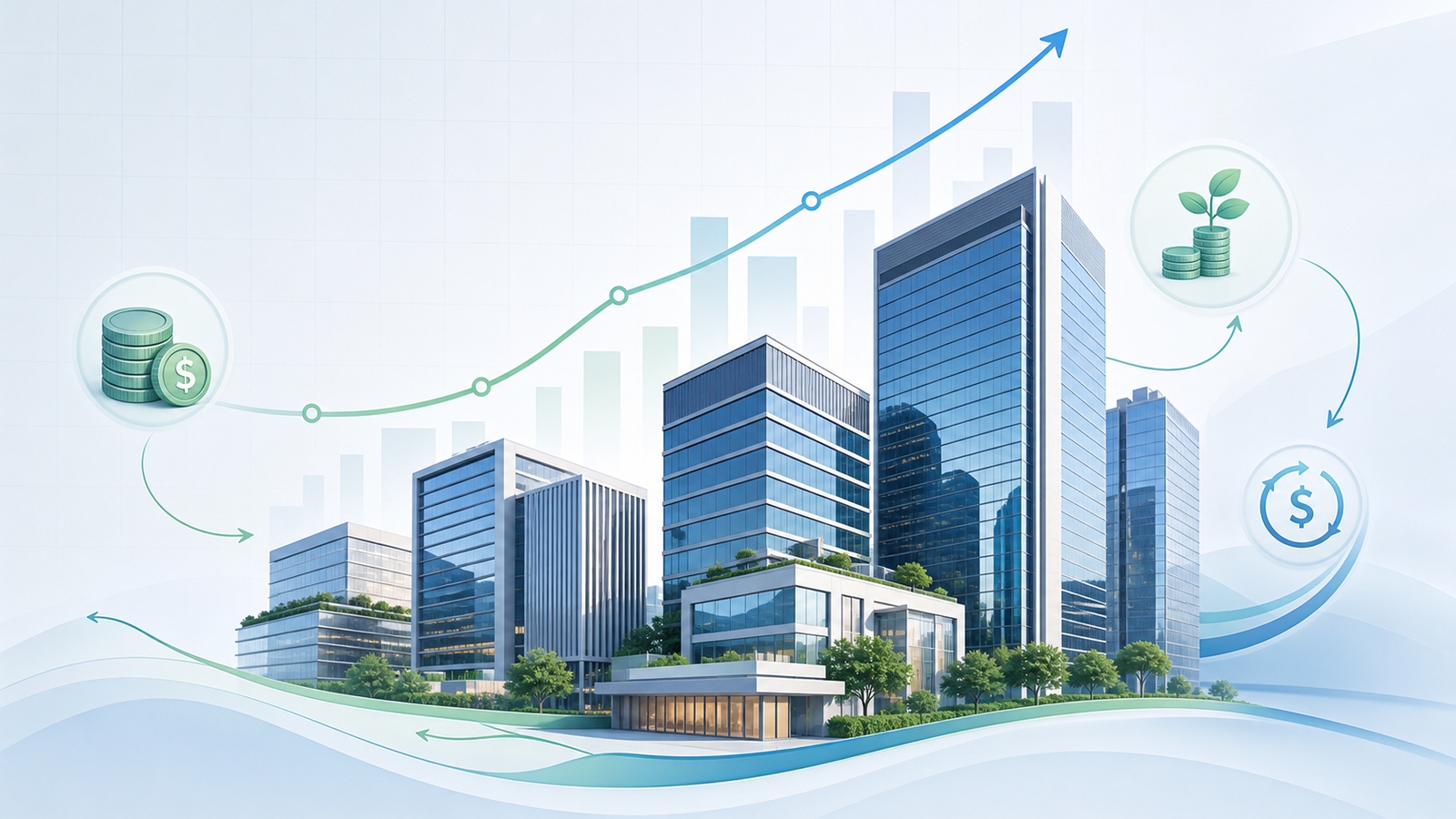 Edificios comerciais modernos com graficos representando FIIs, Selic e renda passiva