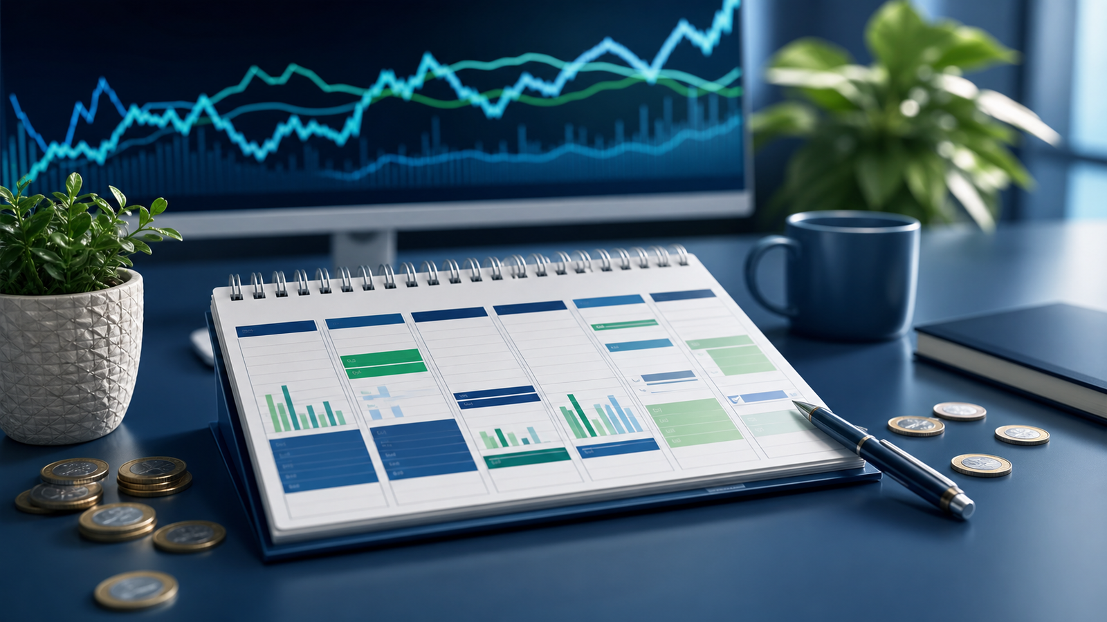 Calendario semanal com graficos financeiros para planejamento de investimentos