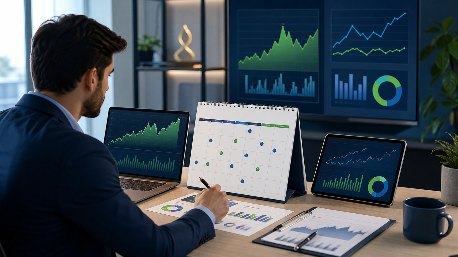 Ilustração de investidor acompanhando calendário econômico e gráficos de mercado na abertura da semana