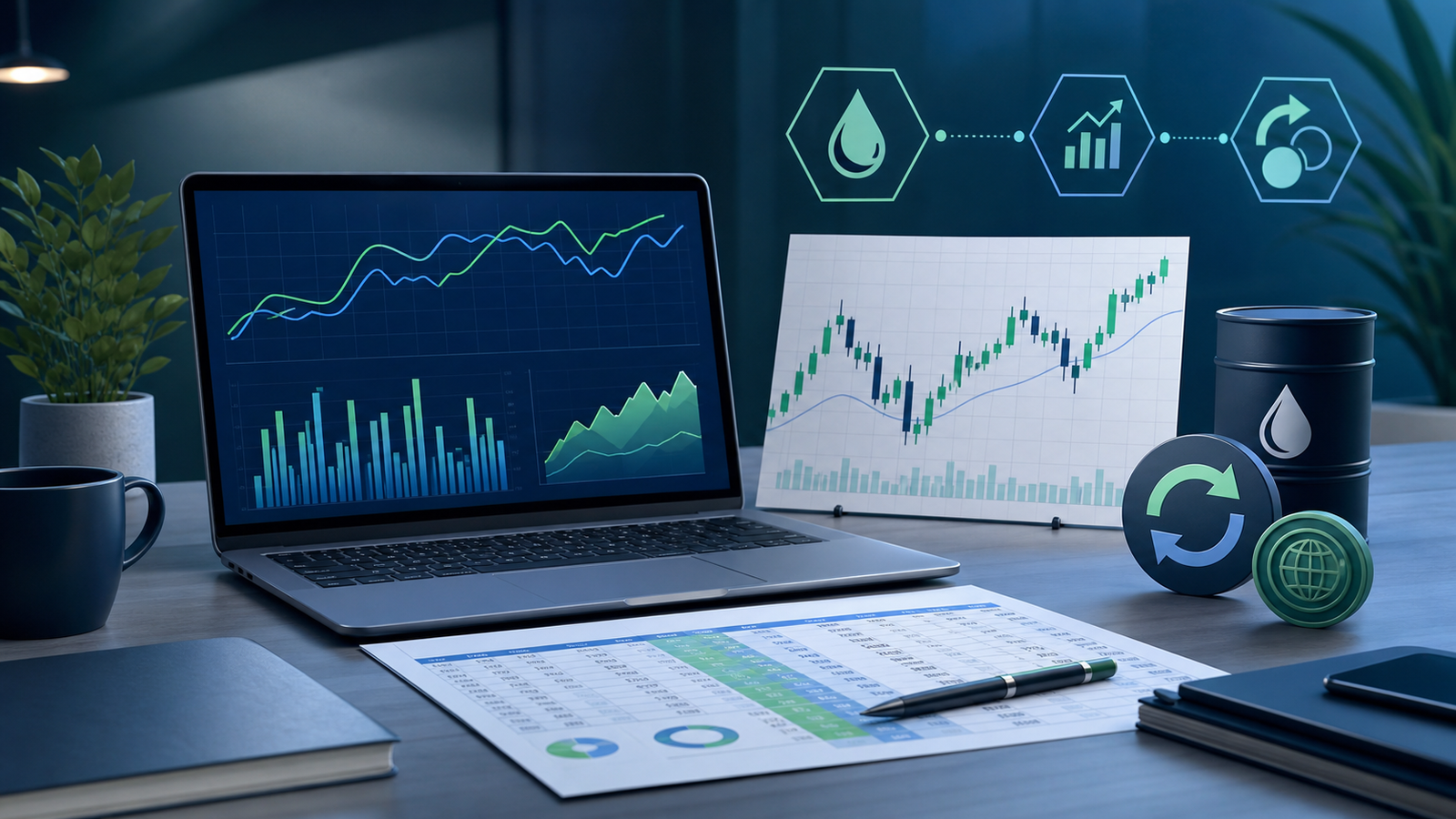 Mesa de revisão semanal de carteira com gráficos de mercado, petróleo e câmbio