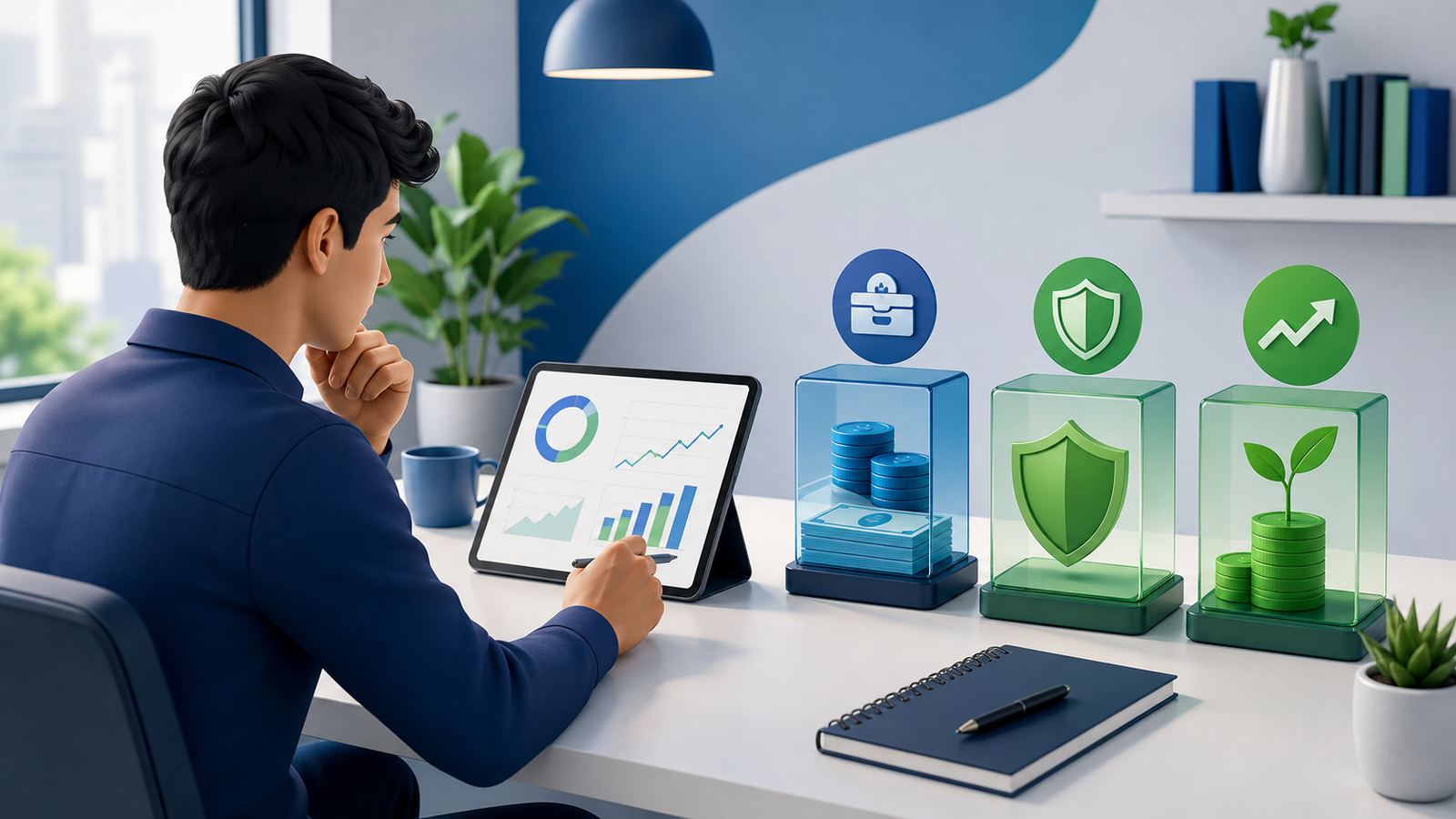 Pessoa estudando finanças com tablet e gráficos de investimentos
