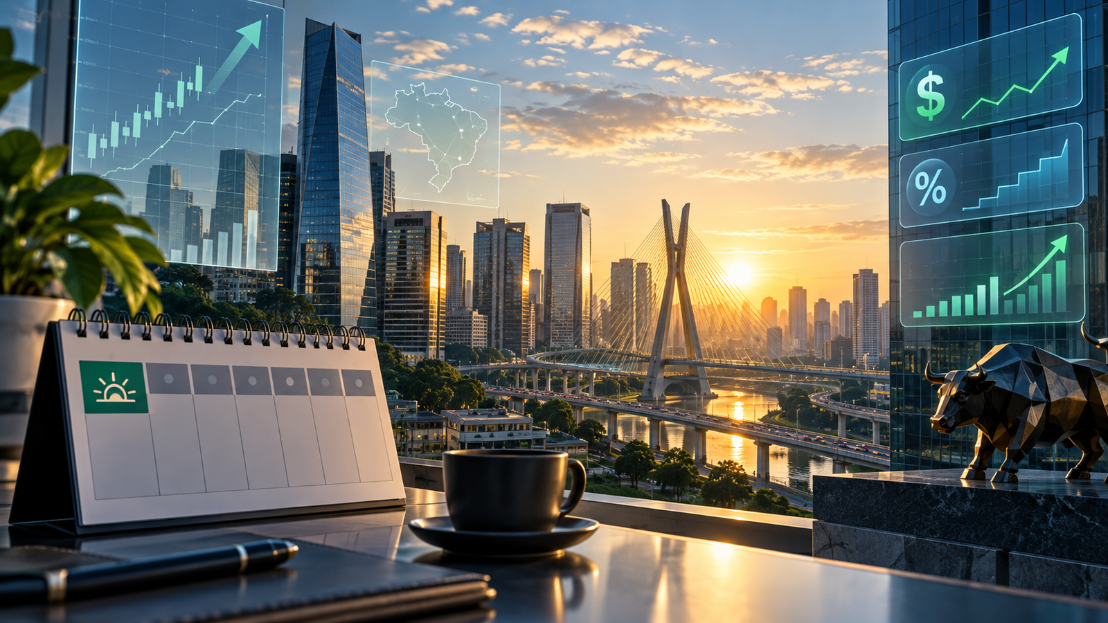 Centro financeiro ao nascer do sol com gráficos de investimentos e calendário